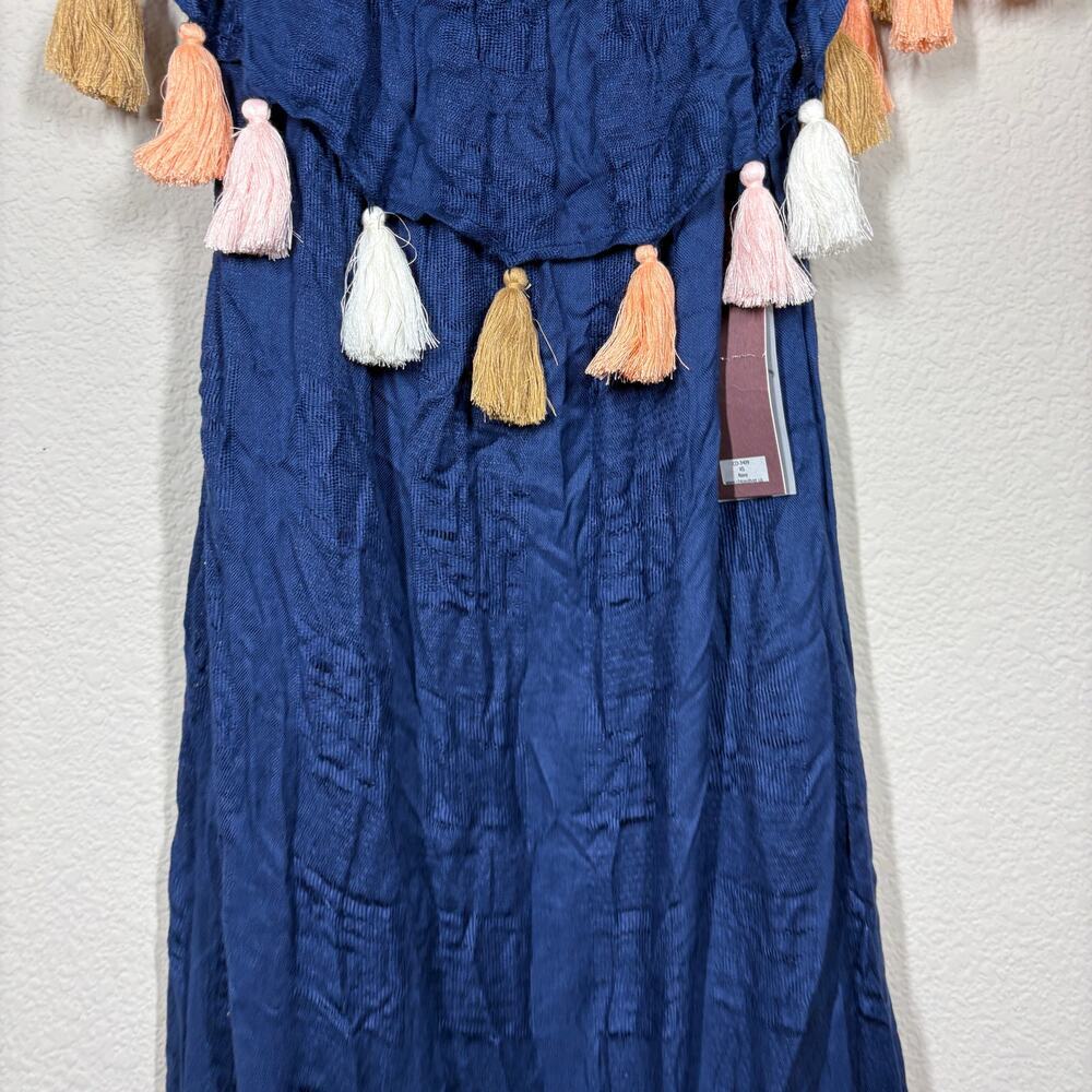 Chloe Oliver XS Palm Beach Tassel Off The Shoulder Summer Boho Dress Navy Rayon - Picture 4 of 9